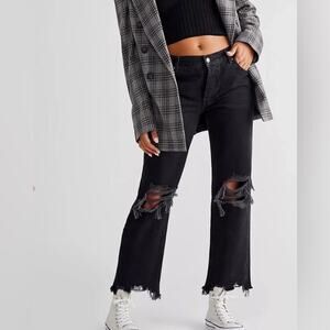 Free People Women’s Maggie Mid-Rise Straight-Leg‎ Jeans Black Distressed Sz 28 6